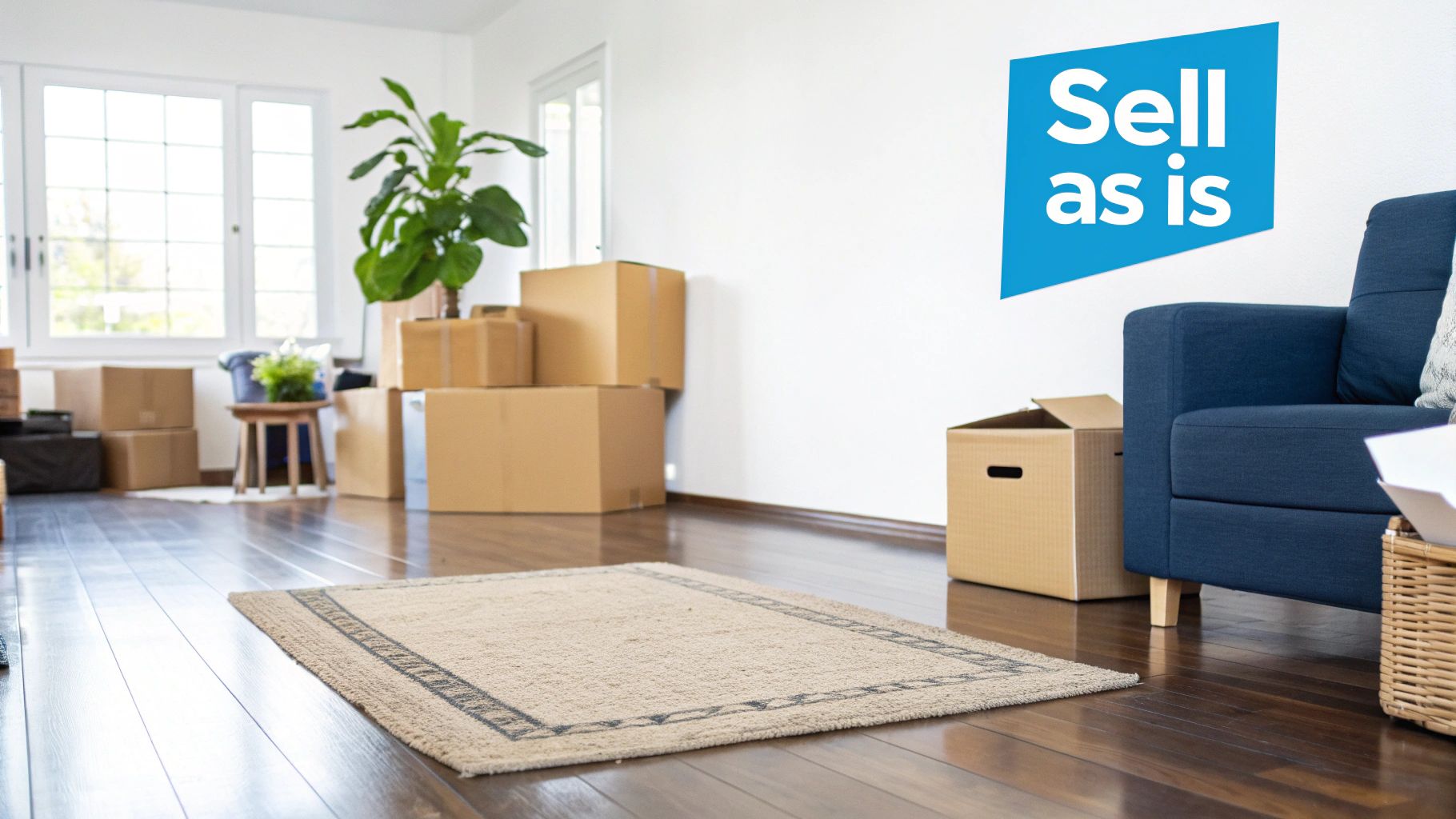 A room with moving boxes, a houseplant, and a blue sofa, to sell my house fast Pittsburgh.