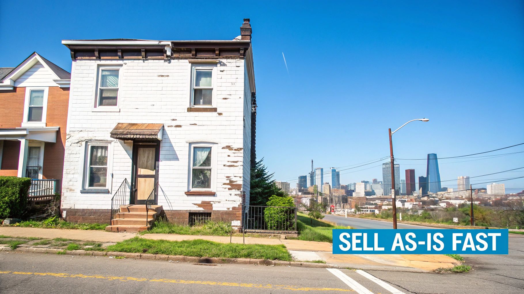 A distressed house in Pittsburgh with peeling paint and an overgrown yard, representing a home someone might sell as-is.