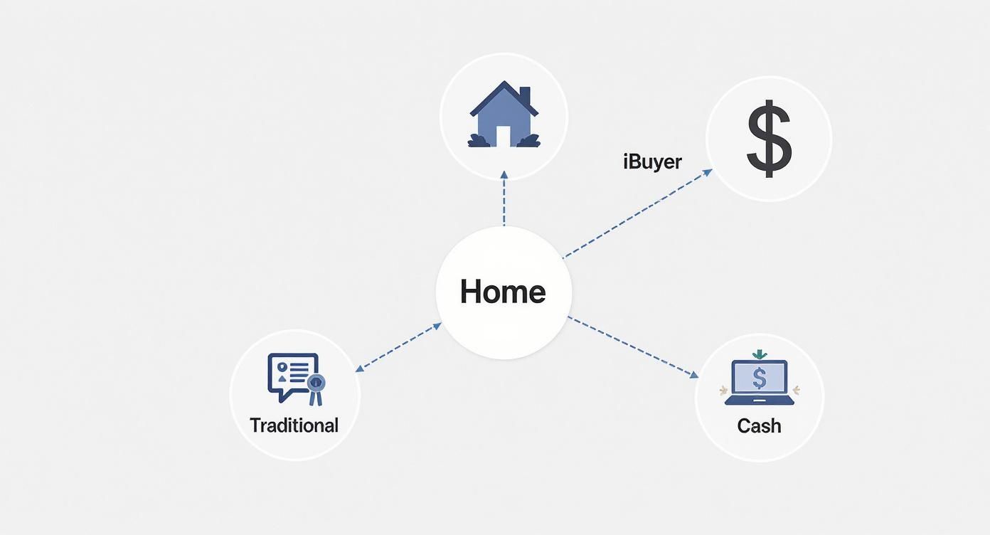 Diagram showing home selling options including iBuyer, traditional sale, and cash offers from central home icon