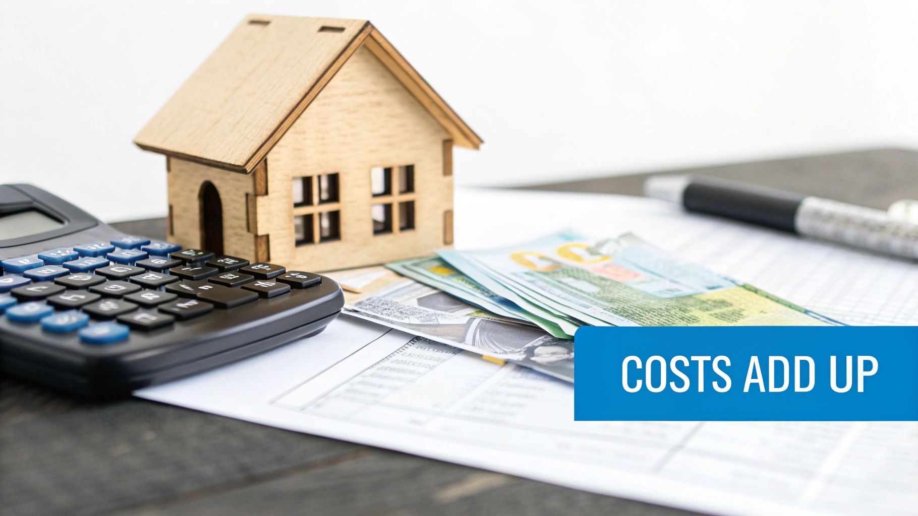 A wooden house model, calculator, money, and documents illustrate property costs and financial expenses adding up.