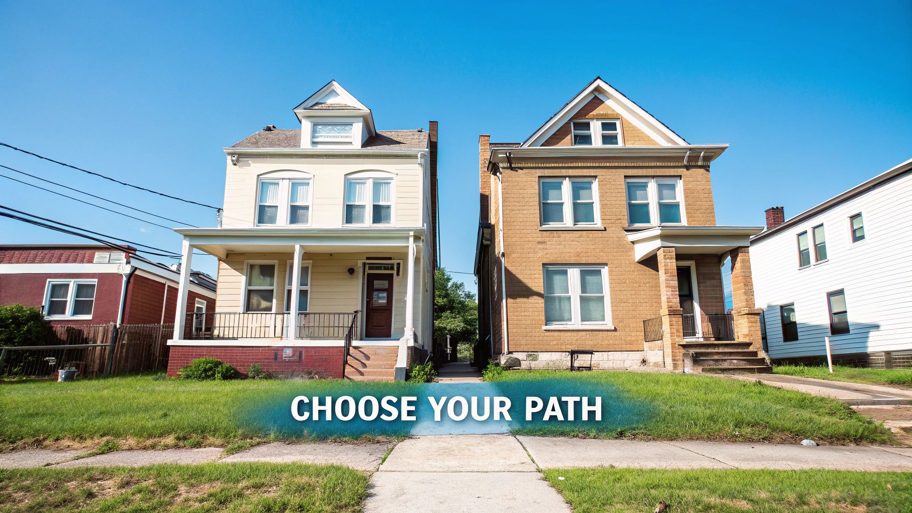Two distinct houses, one yellow and one brick, separated by a narrow path