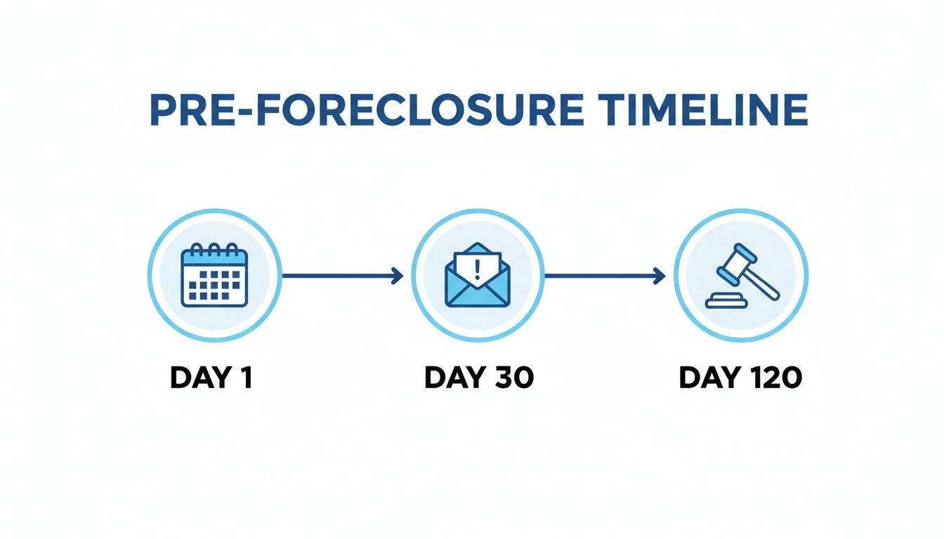 Pre-foreclosure timeline showing key milestones: calendar at day 1, warning letter at day 30, and gavel at day 120.