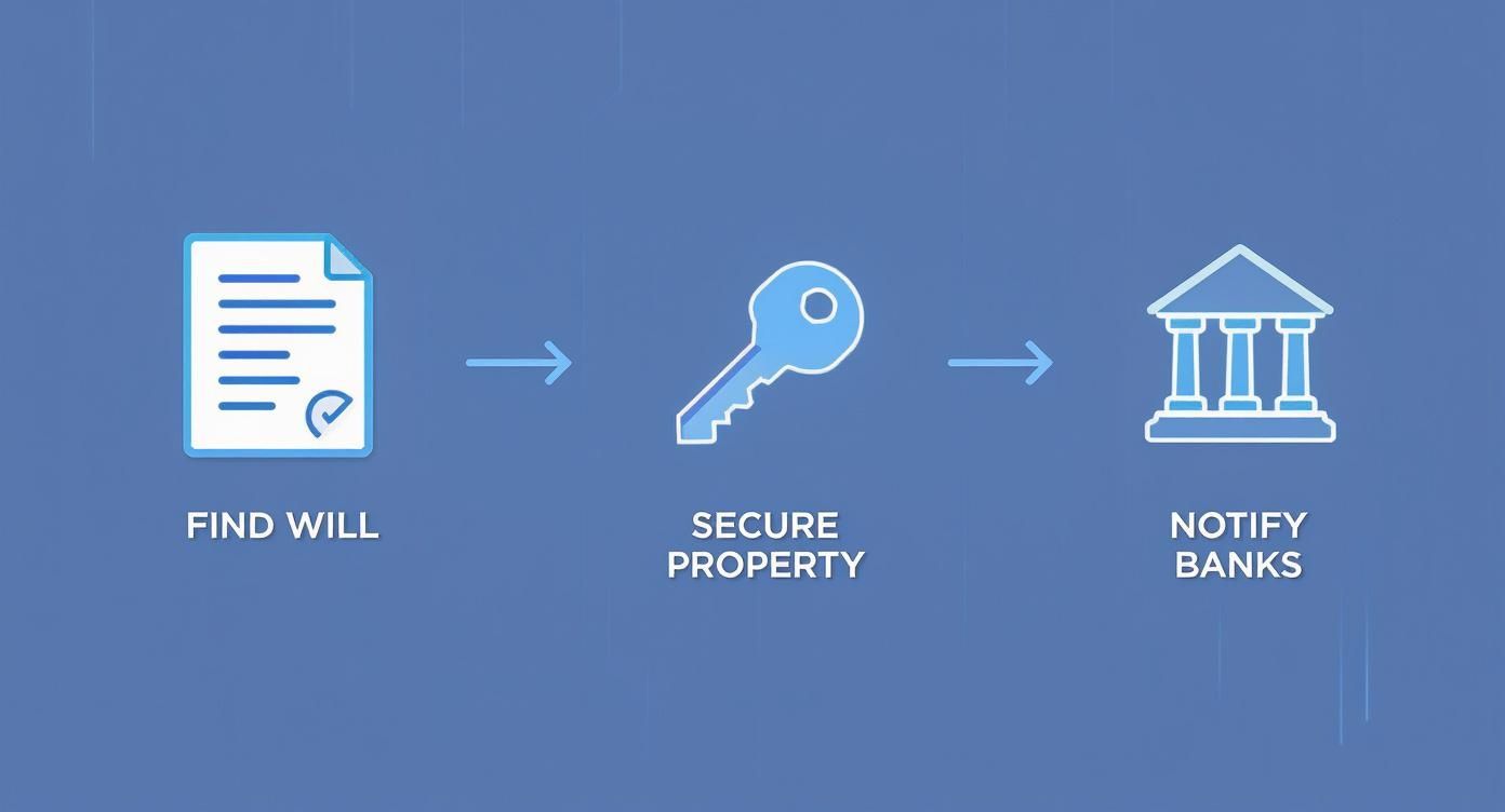 Grapgh showing the 3 initial steps of the estate process which are finding the will, securing the property, and notifying banks.
