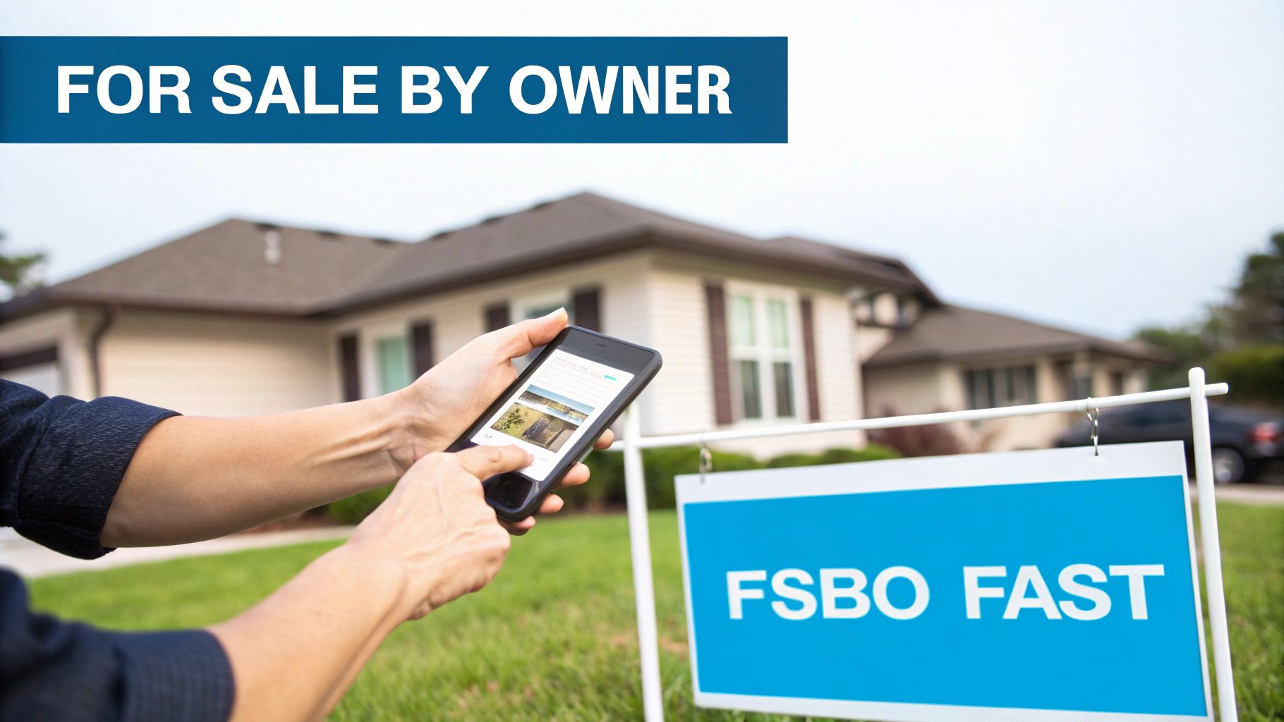 Hands hold a smartphone displaying a house listing, with a 'FOR SALE BY OWNER' sign in front of a house.