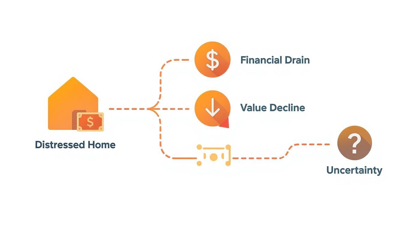 Diagram illustrating a distressed home leading to financial drain, value decline, and uncertainty.