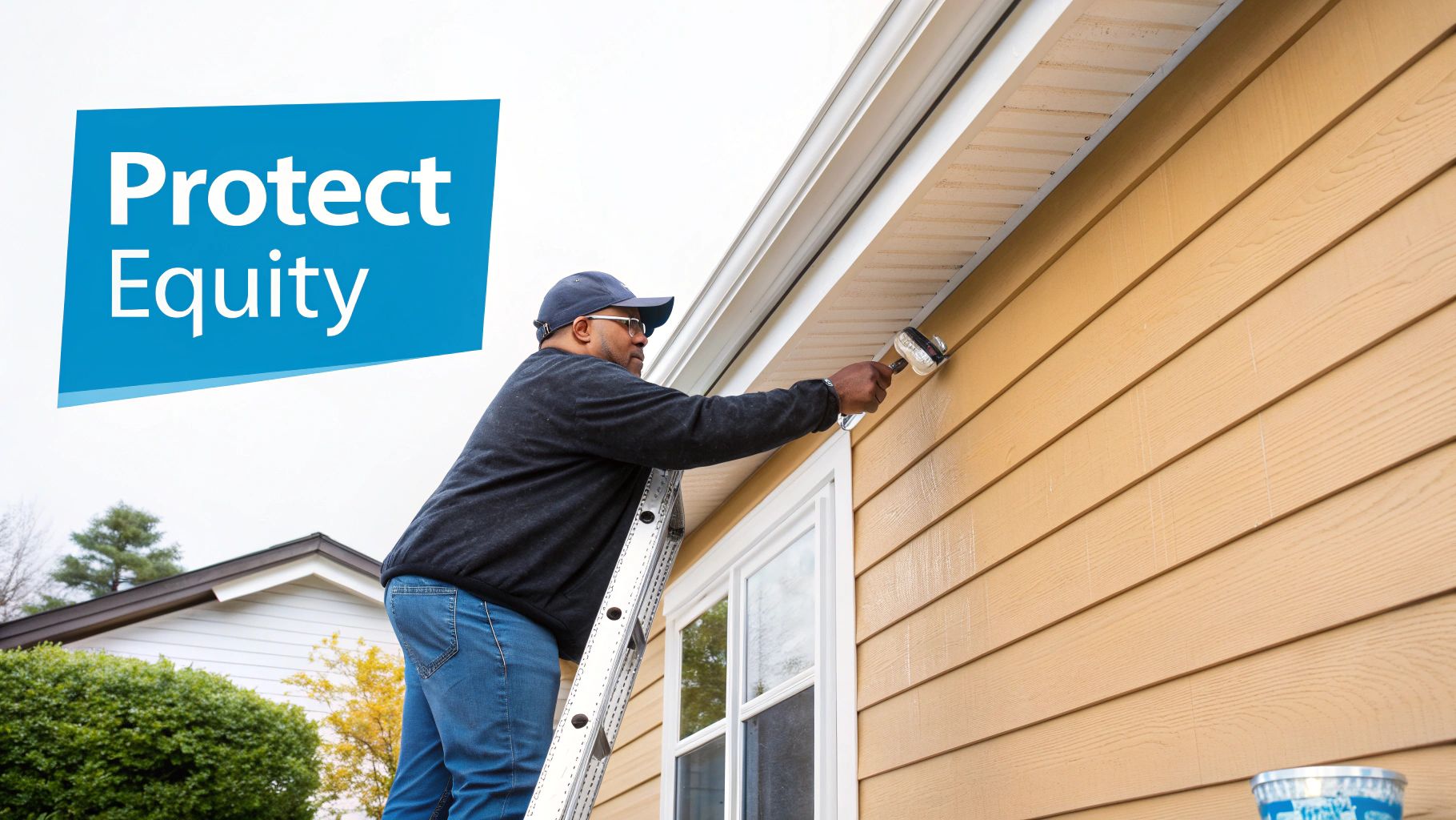 A man on a ladder painting to protect equity in his house.