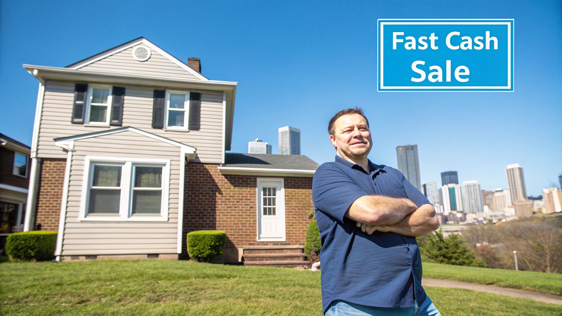 A man with crossed arms stands on a grassy lawn in front of a house for a fast cash sale.