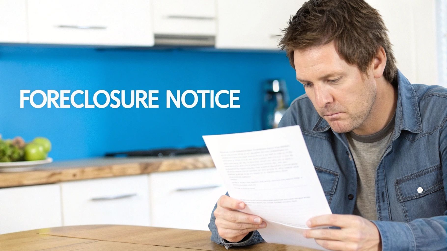 A concerned man reads a foreclosure notice financial distress.