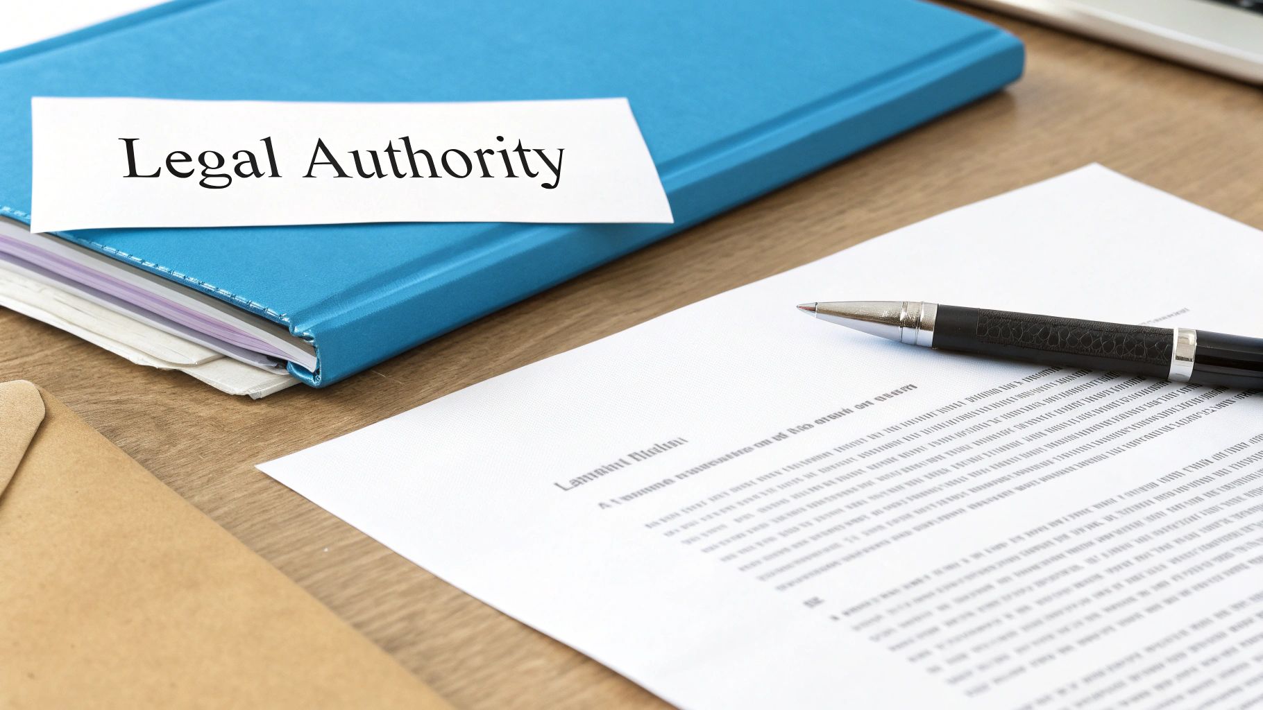 A blue binder with 'Legal Authority' label, a pen, and legal document on a wooden desk.