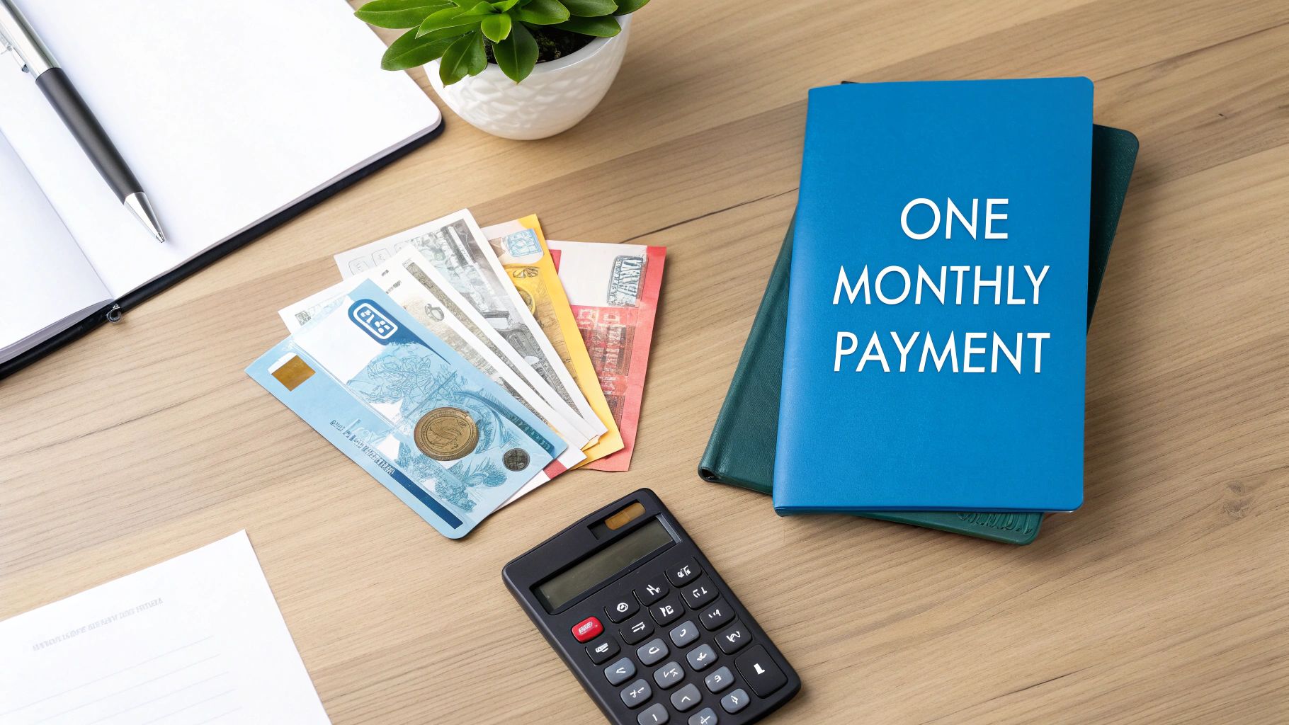 A desk with a blue notebook titled 'ONE MONTHLY PAYMENT', cash, credit card, calculator, and a pen, symbolizing financial planning.