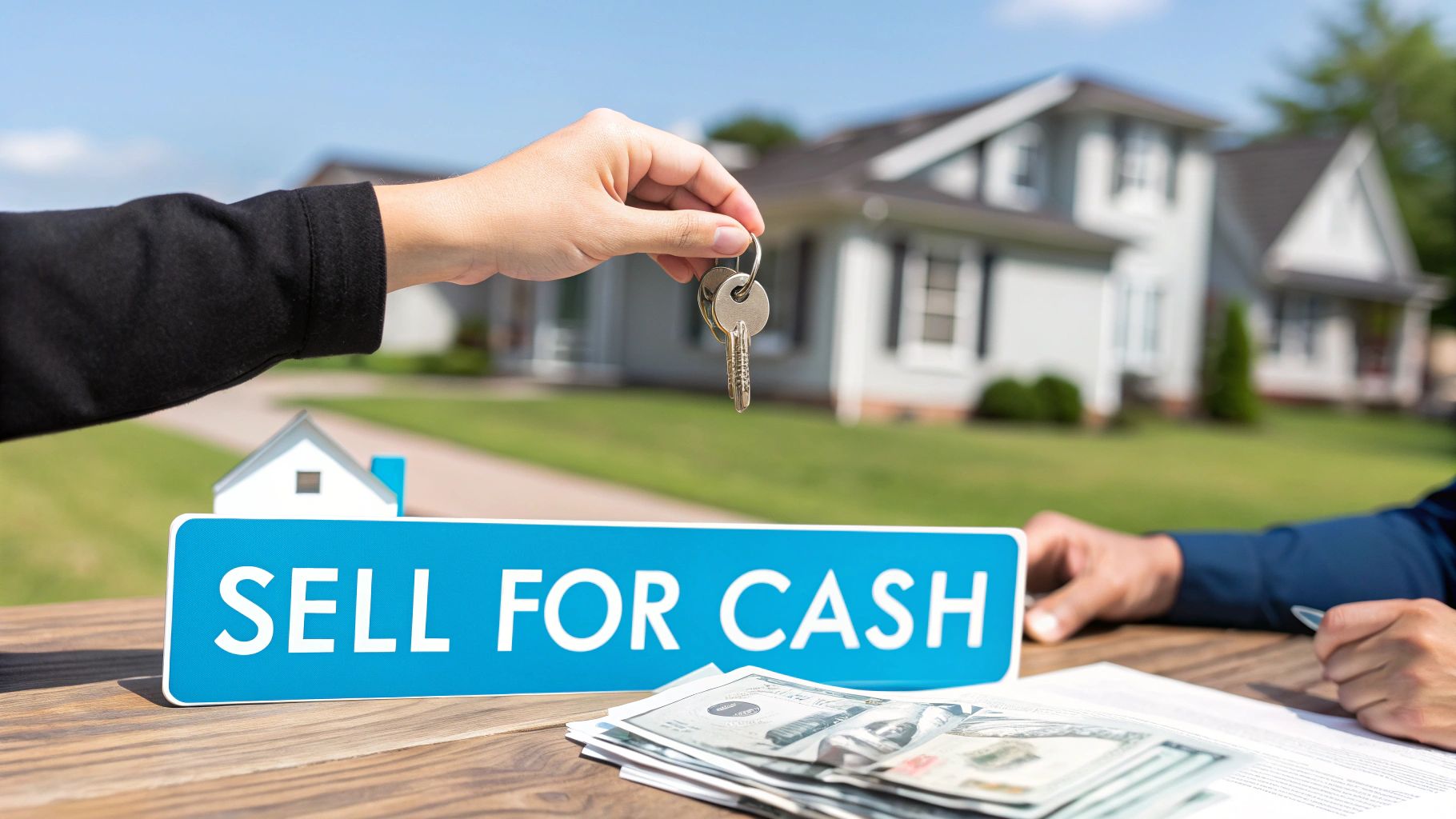 Person hands over house keys to sell for cash.