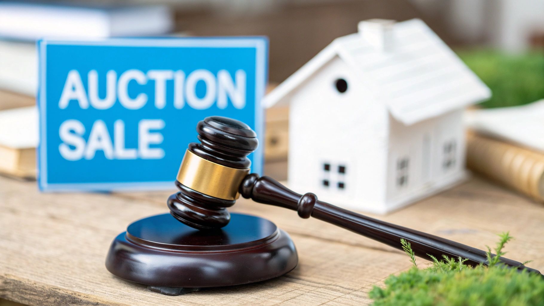 A wooden gavel, miniature white house model, and 'AUCTION SALE' sign on a rustic table, representing an auction sale as one of the fastest ways to sell a house.