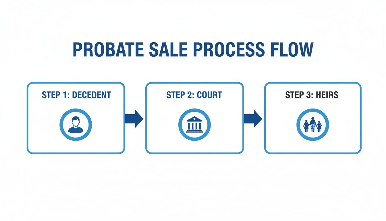 A clear flowchart outlining the three steps of the probate sale process: decedent, court, and heirs.
