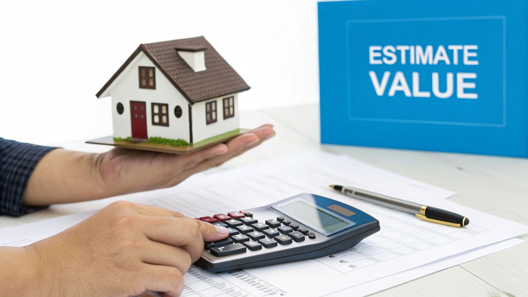 A person calculates house value with a calculator on selling a fire damaged house