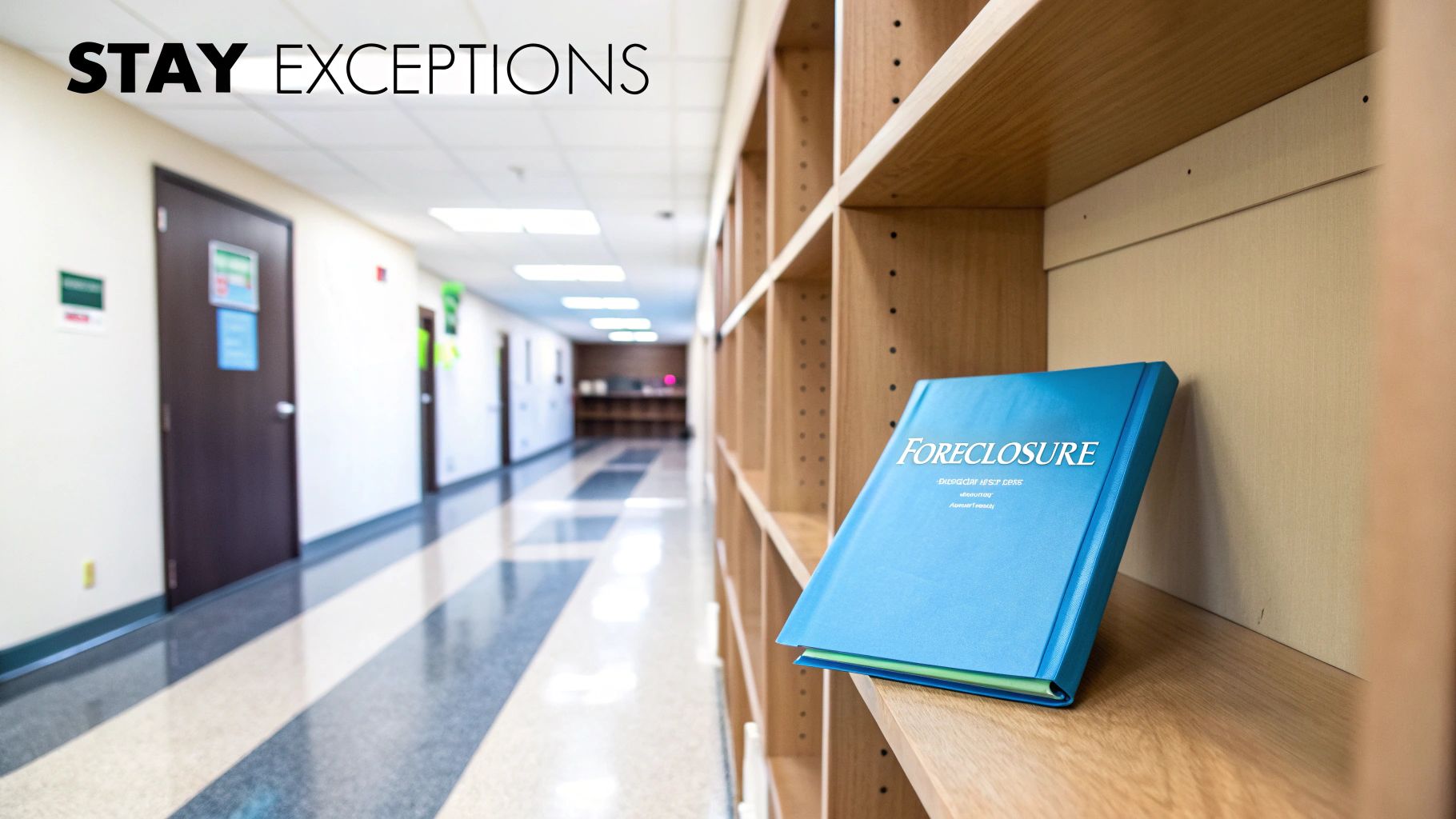 A blue foreclosure book sits on a wooden shelf in an office hallway, with stay exceptions at the top