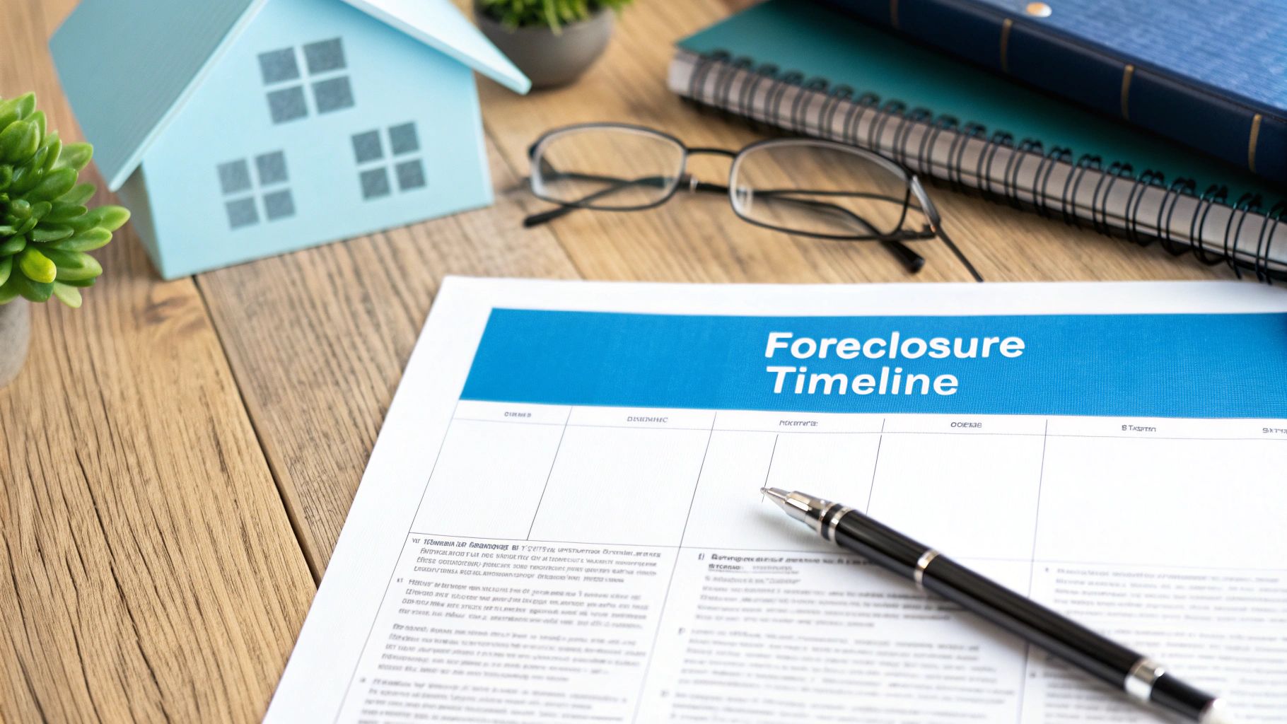 A document titled 'Foreclosure Timeline' with a house model and pen on a wooden desk.
