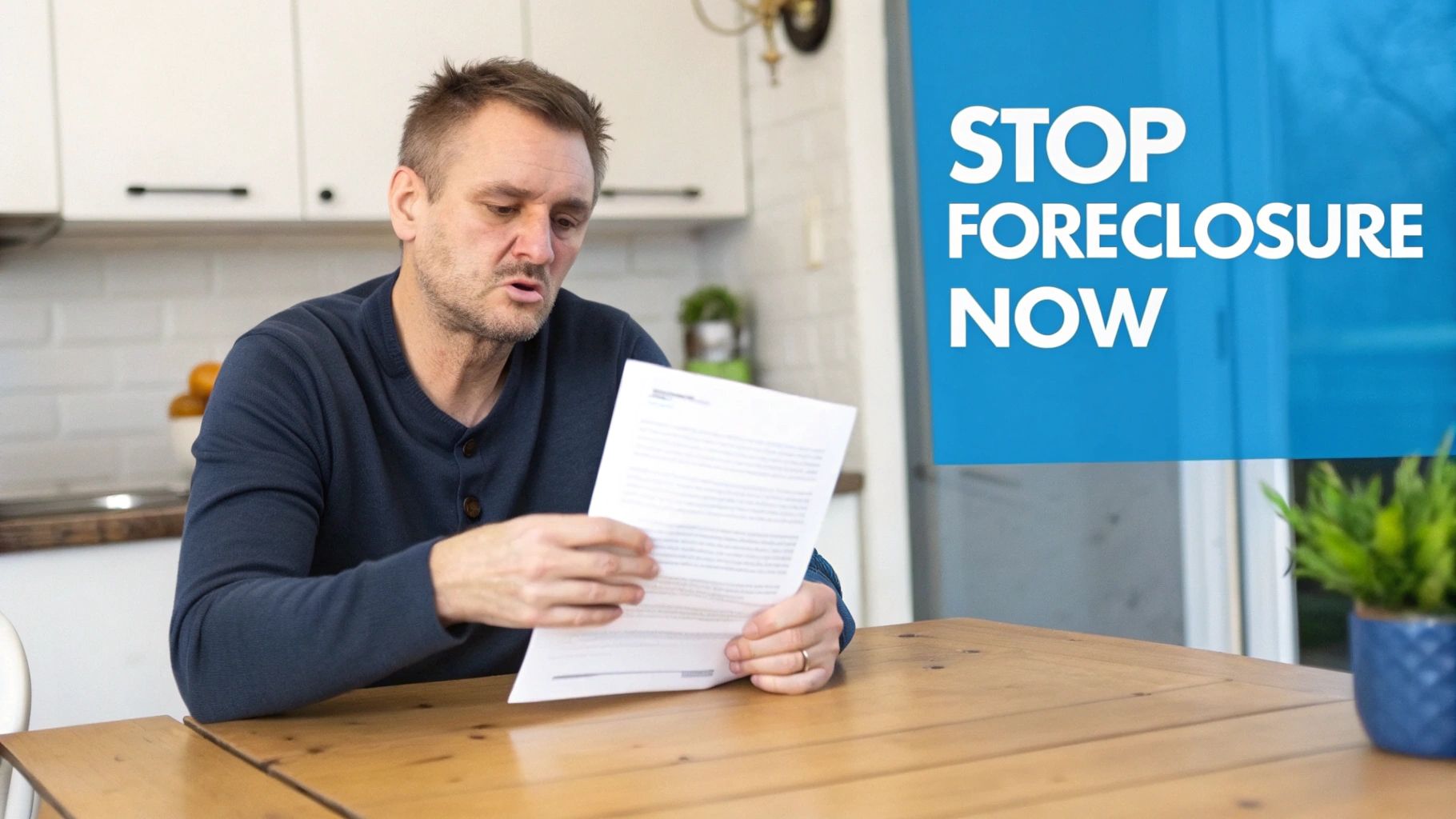 A worried man in his kitchen reads a document, with 'STOP FORECLOSURE NOW' text.