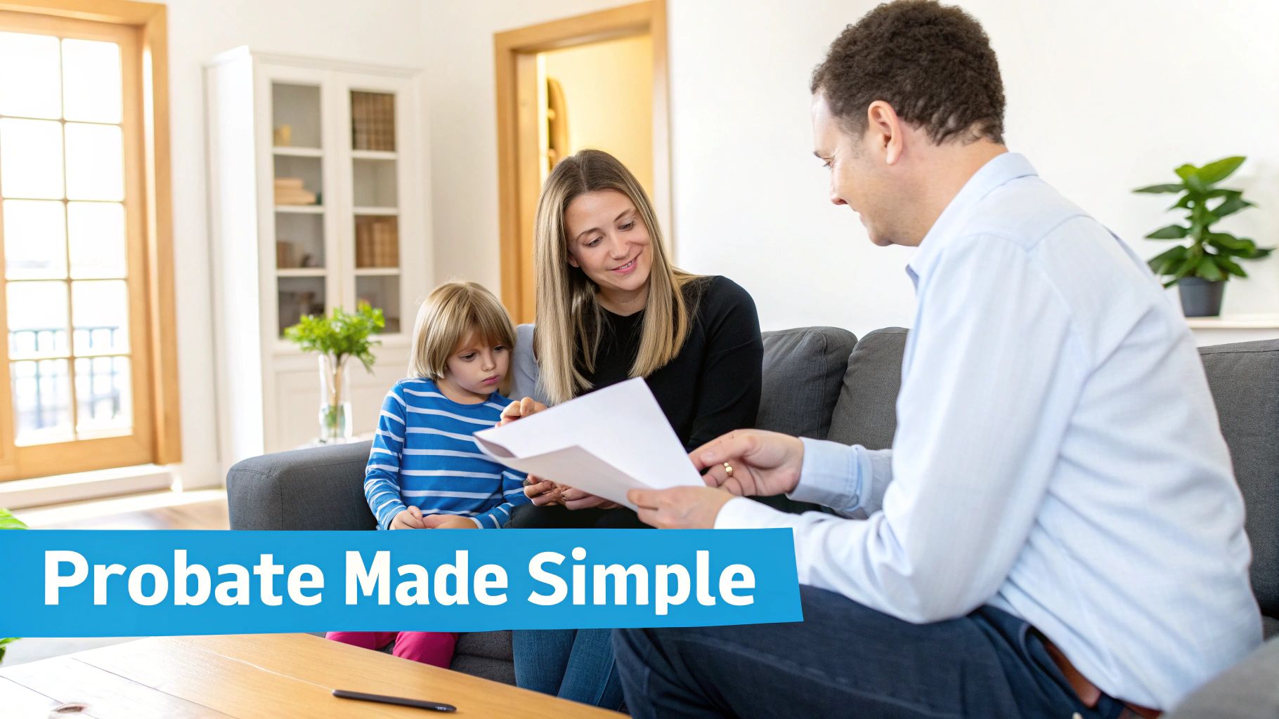 A family, including a child, reviews papers with an advisor about probate in their home.