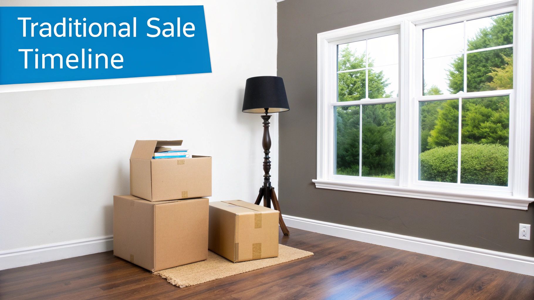 Moving boxes and a lamp in an empty room, highlighting a traditional sale timeline.