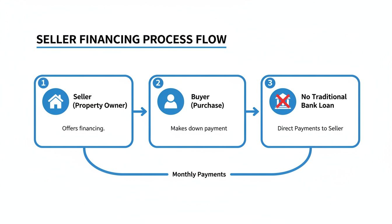 Flowchart detailing the seller financing process, showing buyer's down payment and direct monthly payments to seller.