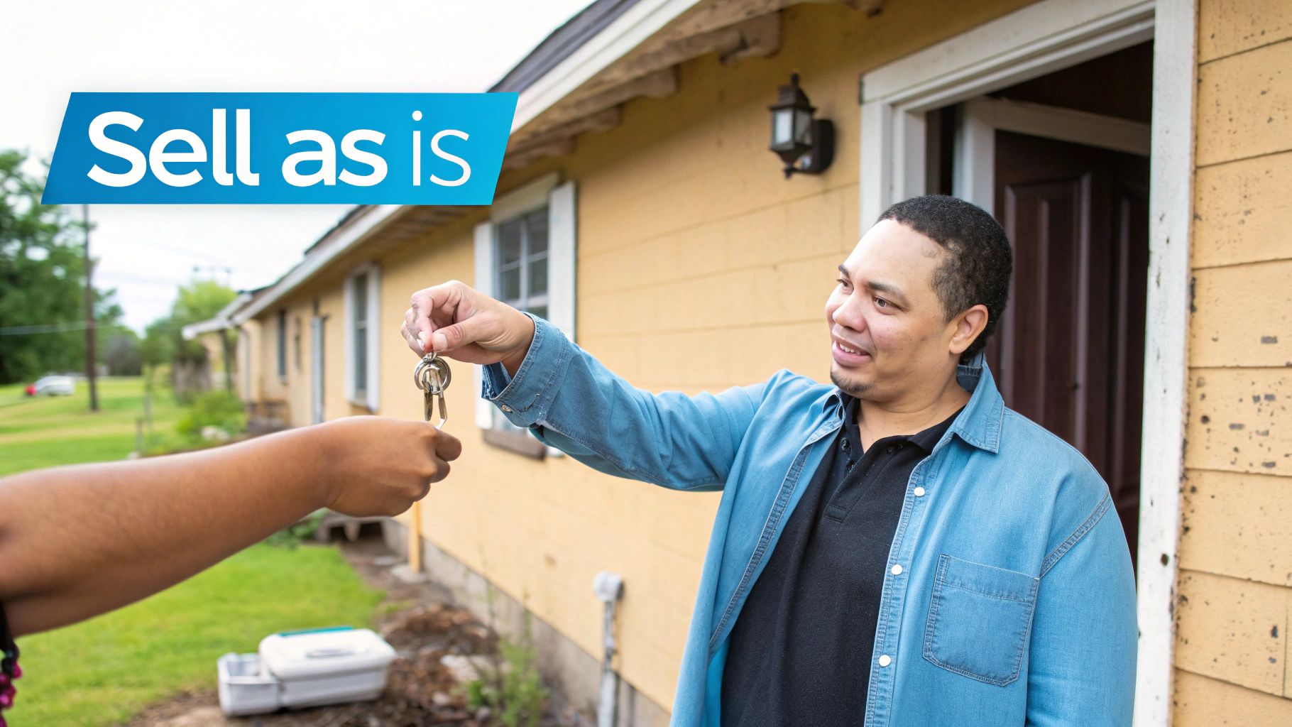 A smiling couple holding keys in front of a Pittsburgh house they just sold.
