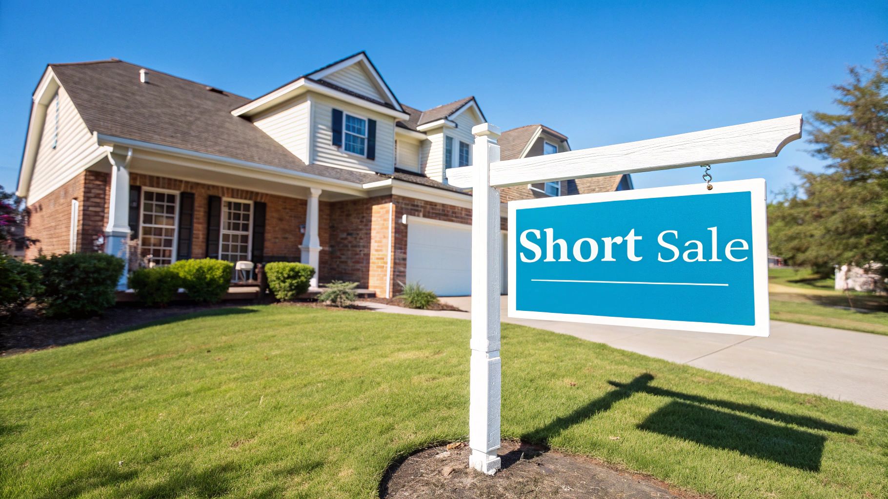 Short sale sign in front of suburban brick house with manicured lawn on a sunny day