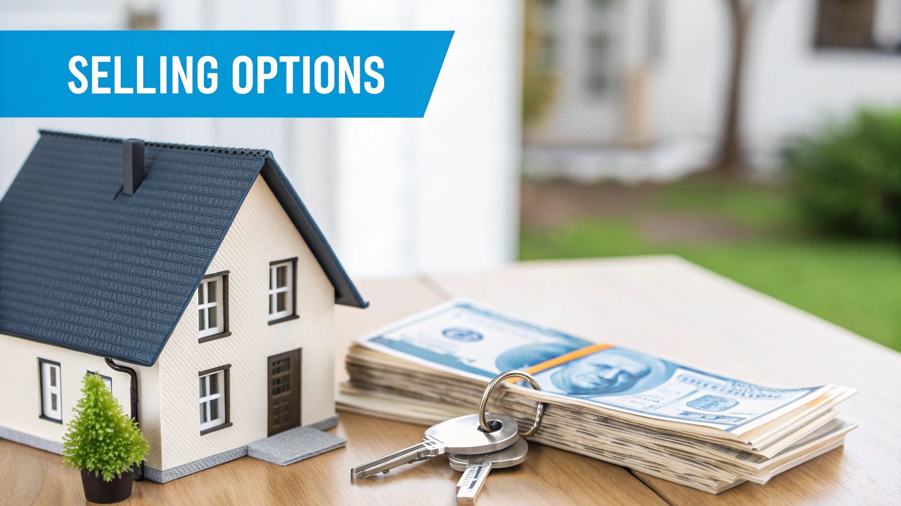 House model, stack of cash, and keys on a table, representing selling options.