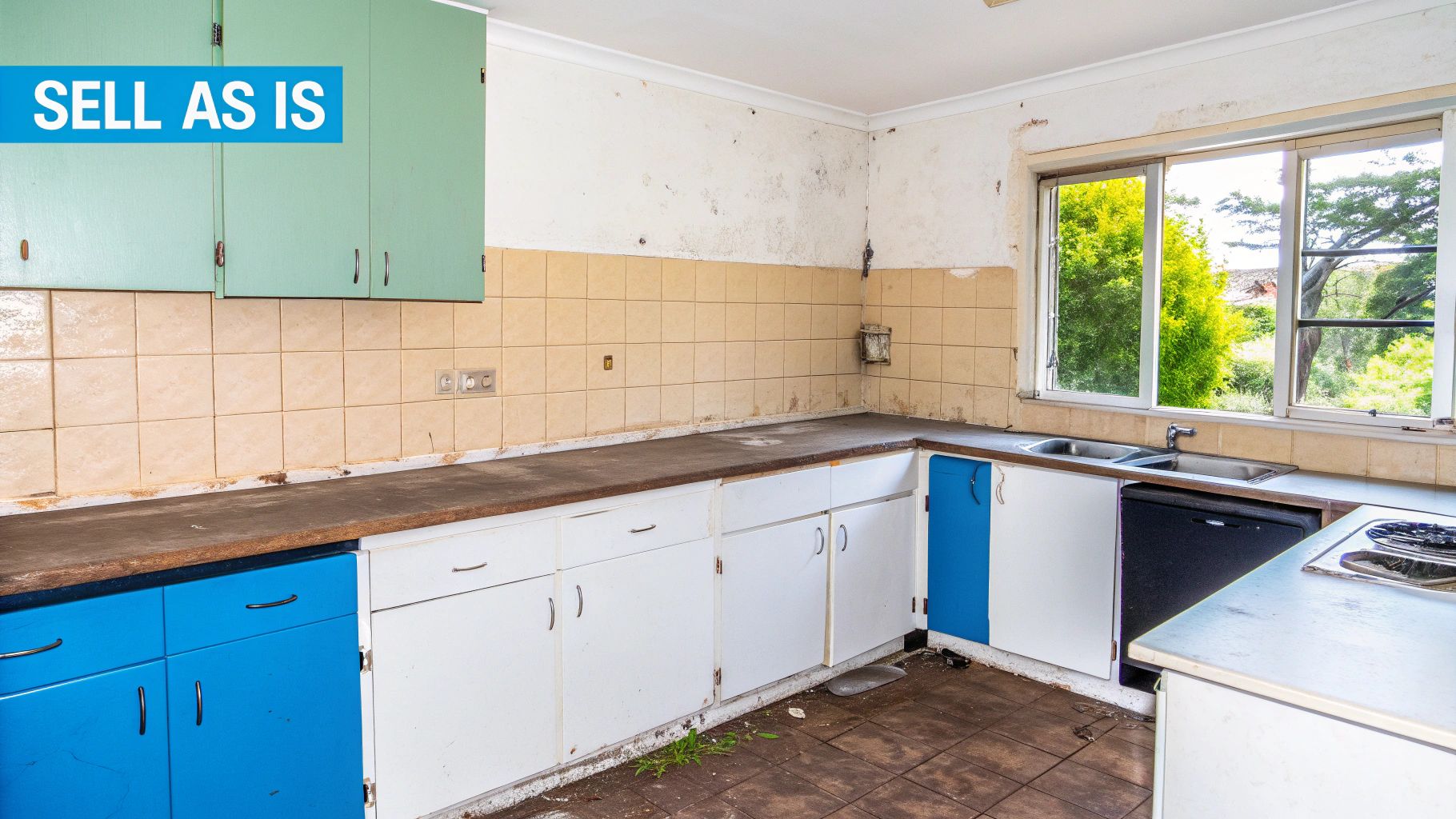 Dilapidated and dirty kitchen featuring moldy walls, mismatched cabinets, and a sink, sold as-is.