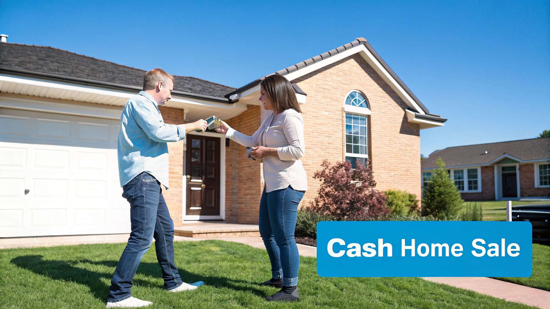A man and a woman exchange money in front of a house, representing a cash home sale.