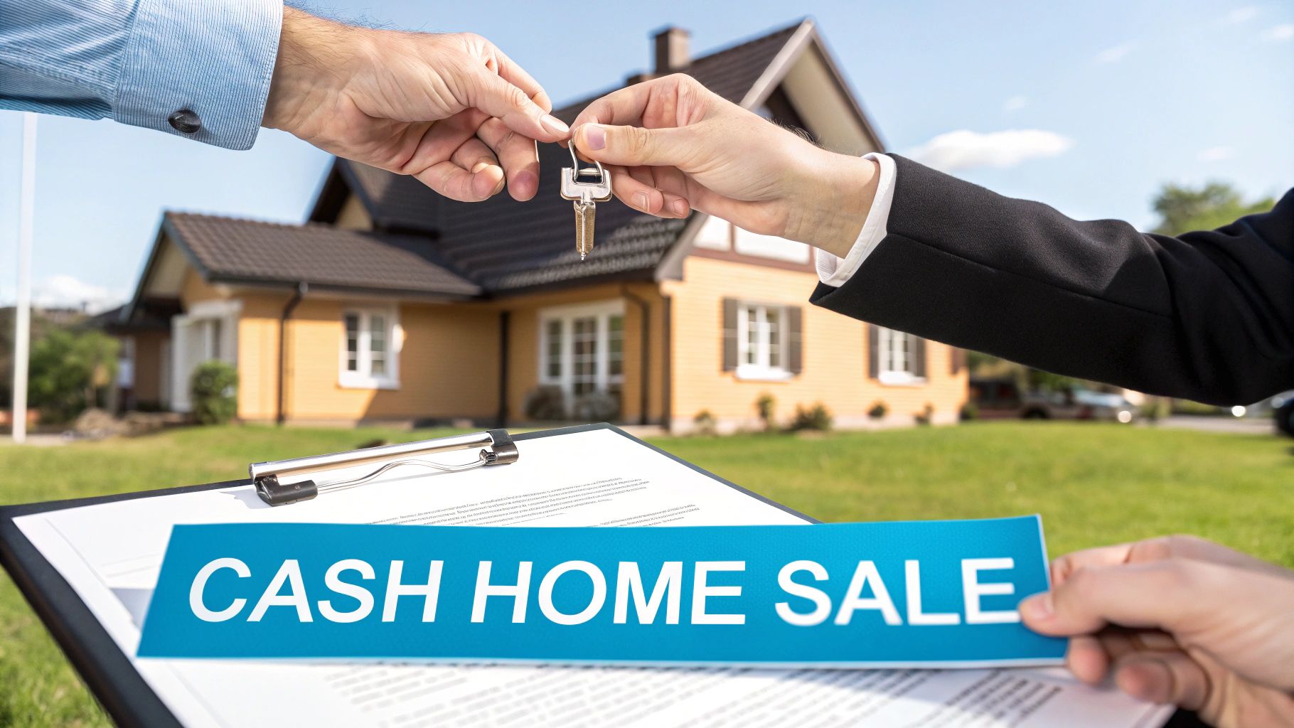 Hands exchanging house keys in front of a home with a cash home sale sign on a clipboard.