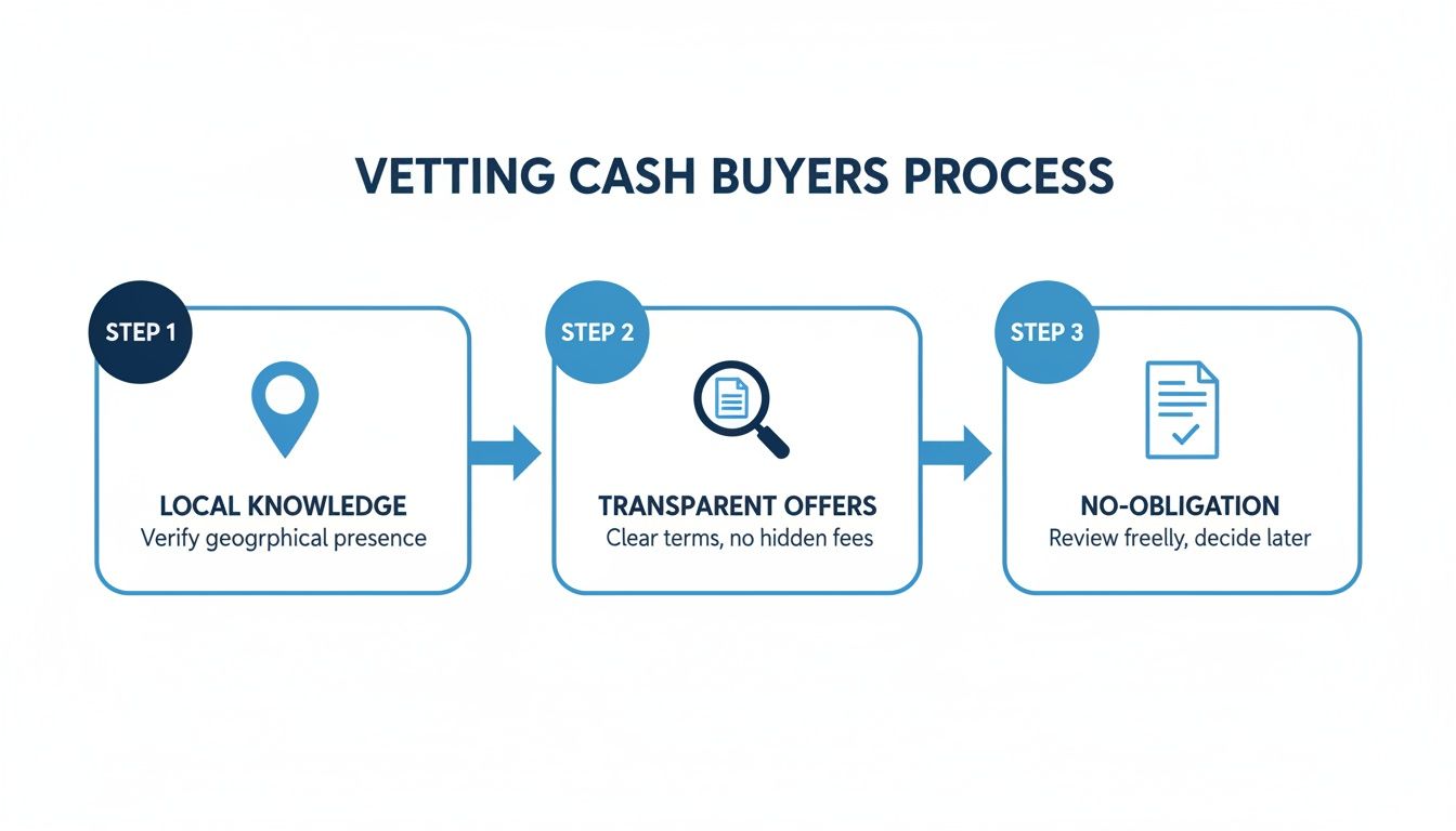 An process map showing a 3-step process for vetting cash buyers: local knowledge, transparent offers, and no-obligation review.