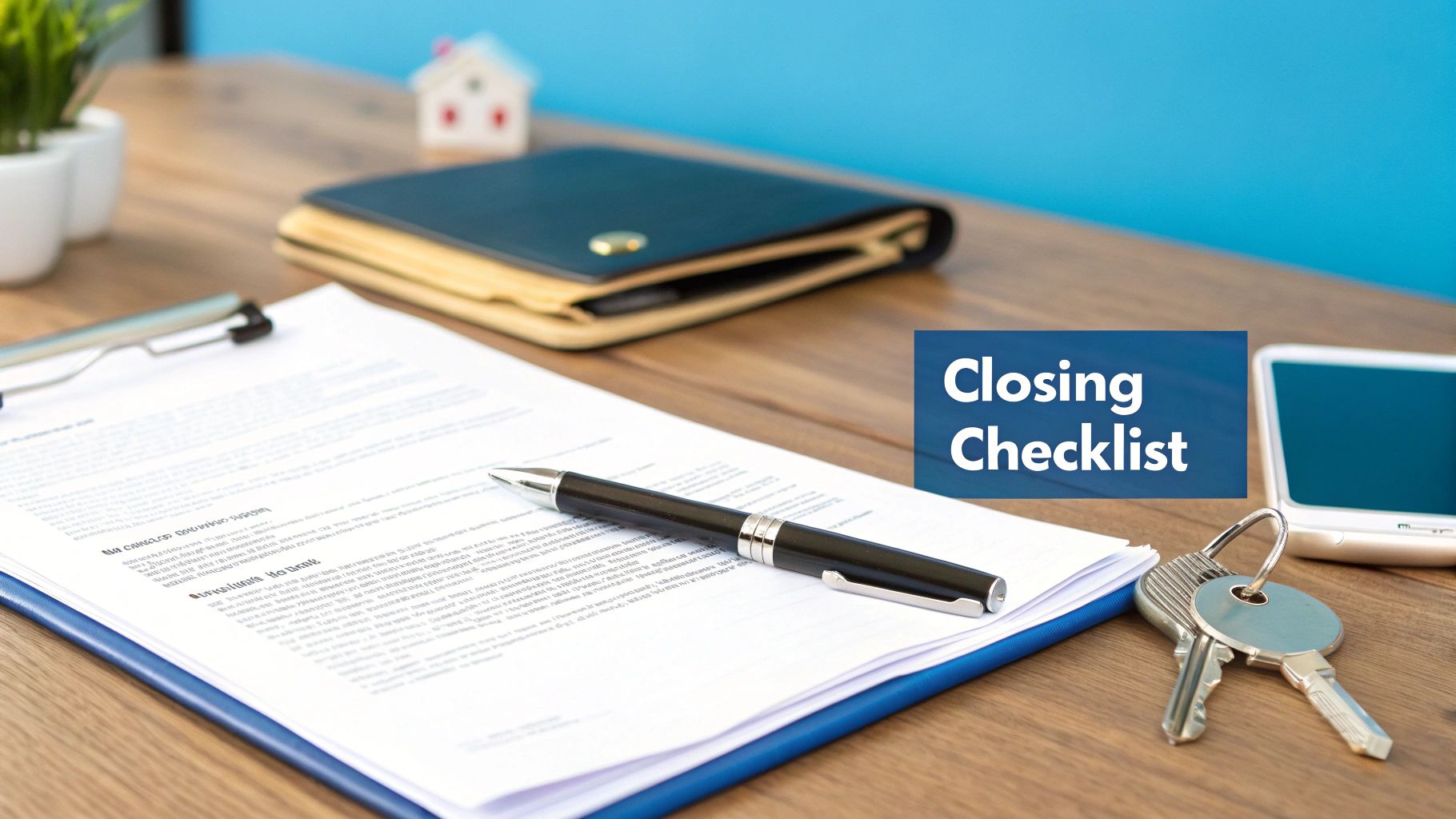 A closing checklist on a desk with real estate documents, pen, and keys.
