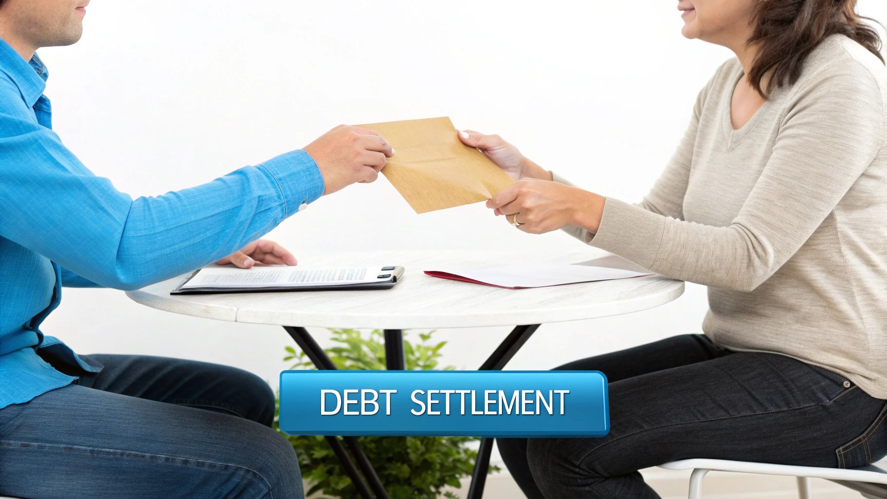 Two people exchanging a brown envelope across a table during a debt settlement discussion.