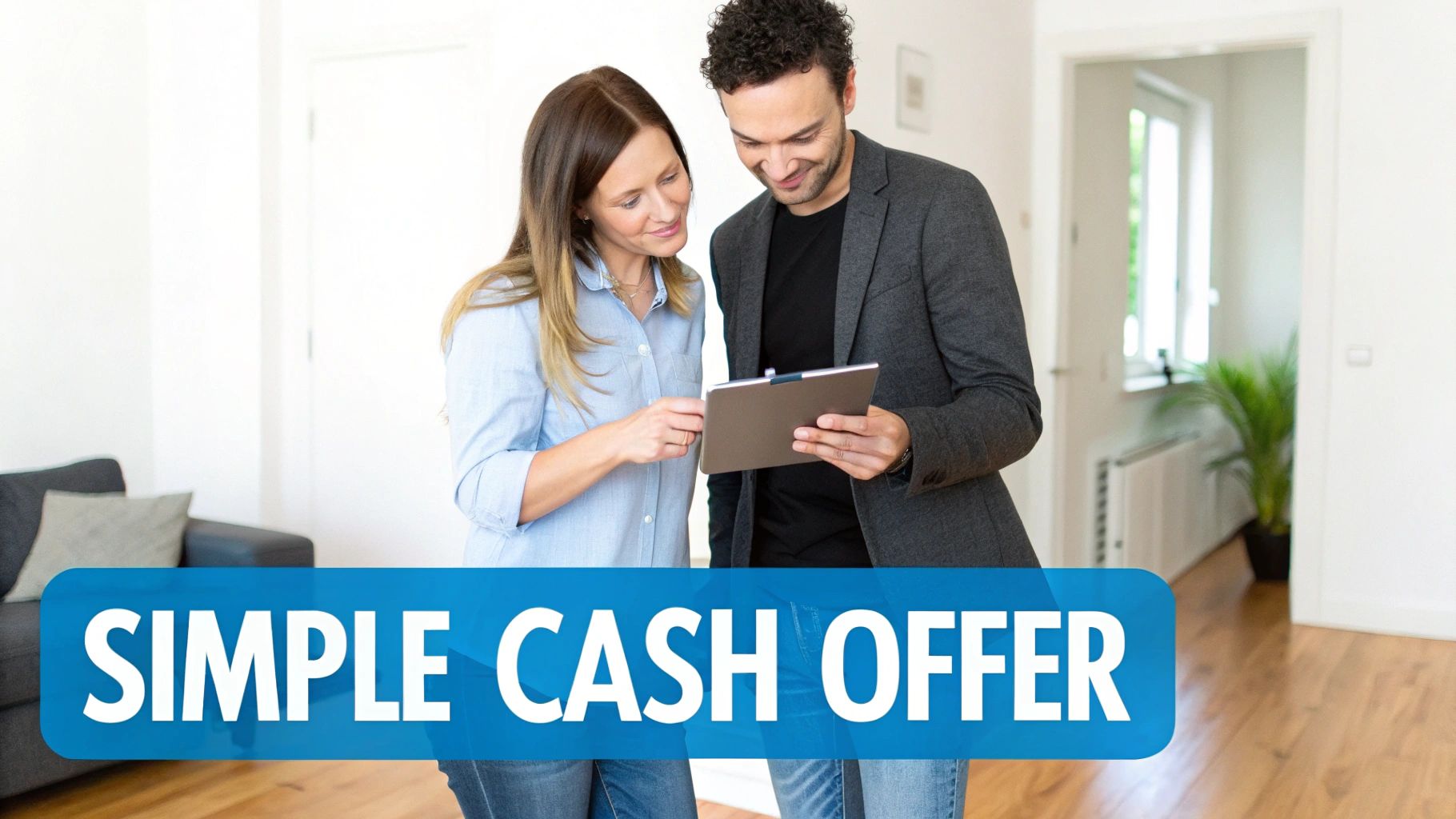 A man and a woman happily looking at a tablet together to determine a Simple Cash Offer.