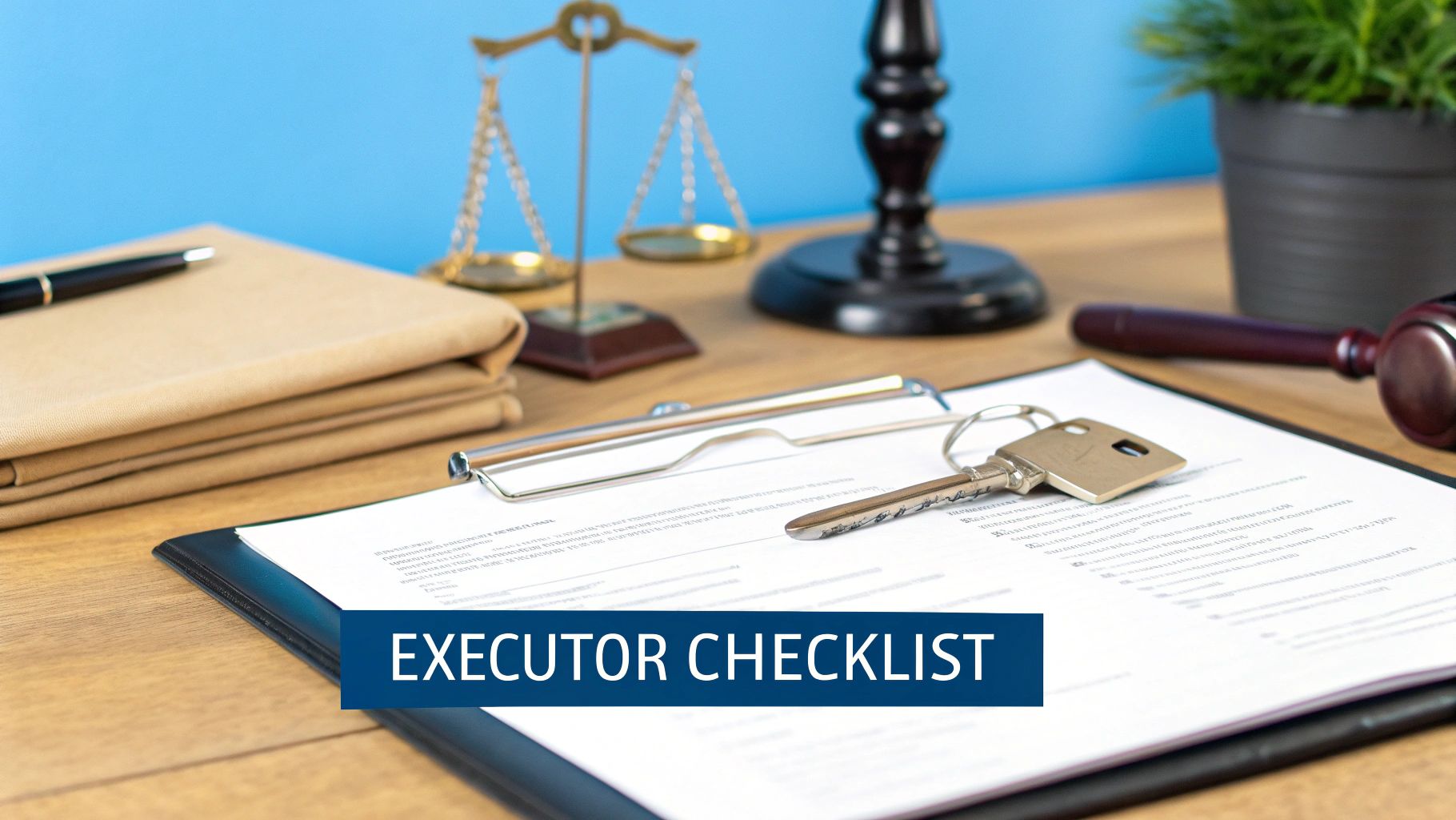 A desk with legal scales, a gavel, paperwork, a key, as the executor checklist.