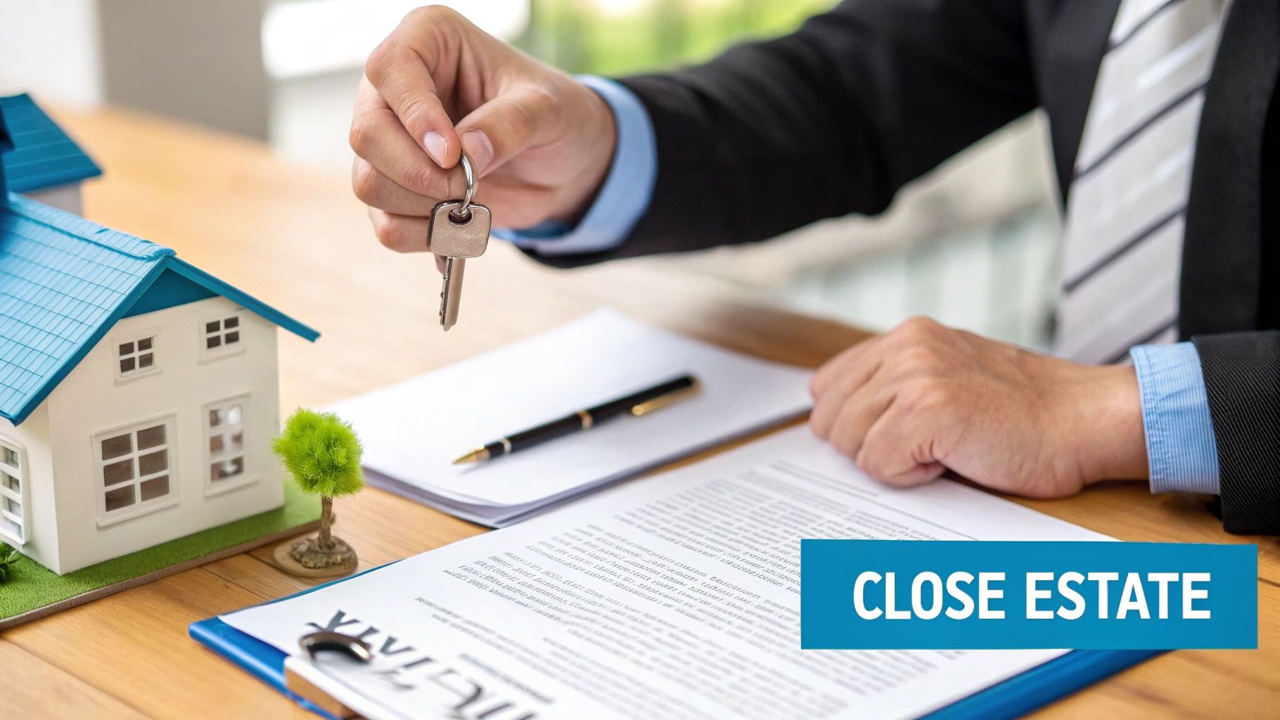 A person handing keys over to another, symbolizing the distribution of estate assets.