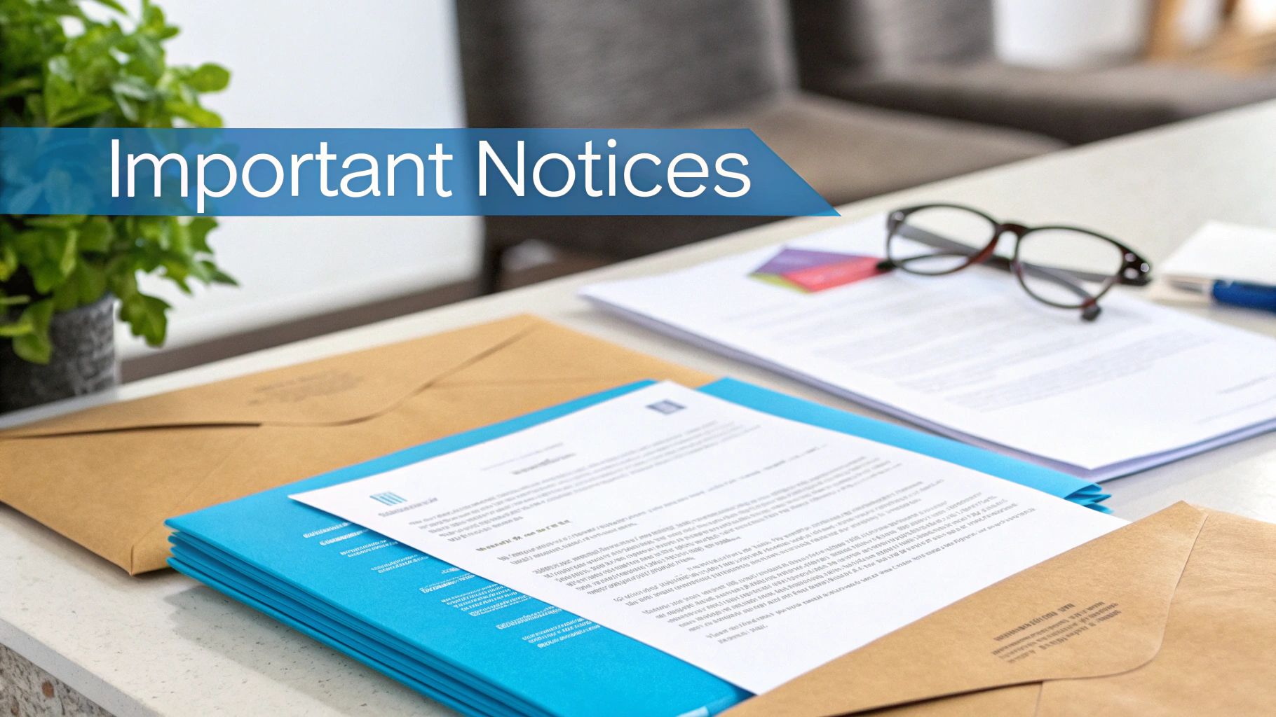 A desk with a blue banner displaying 'Important Notices', documents, envelopes, a plant, and glasses.