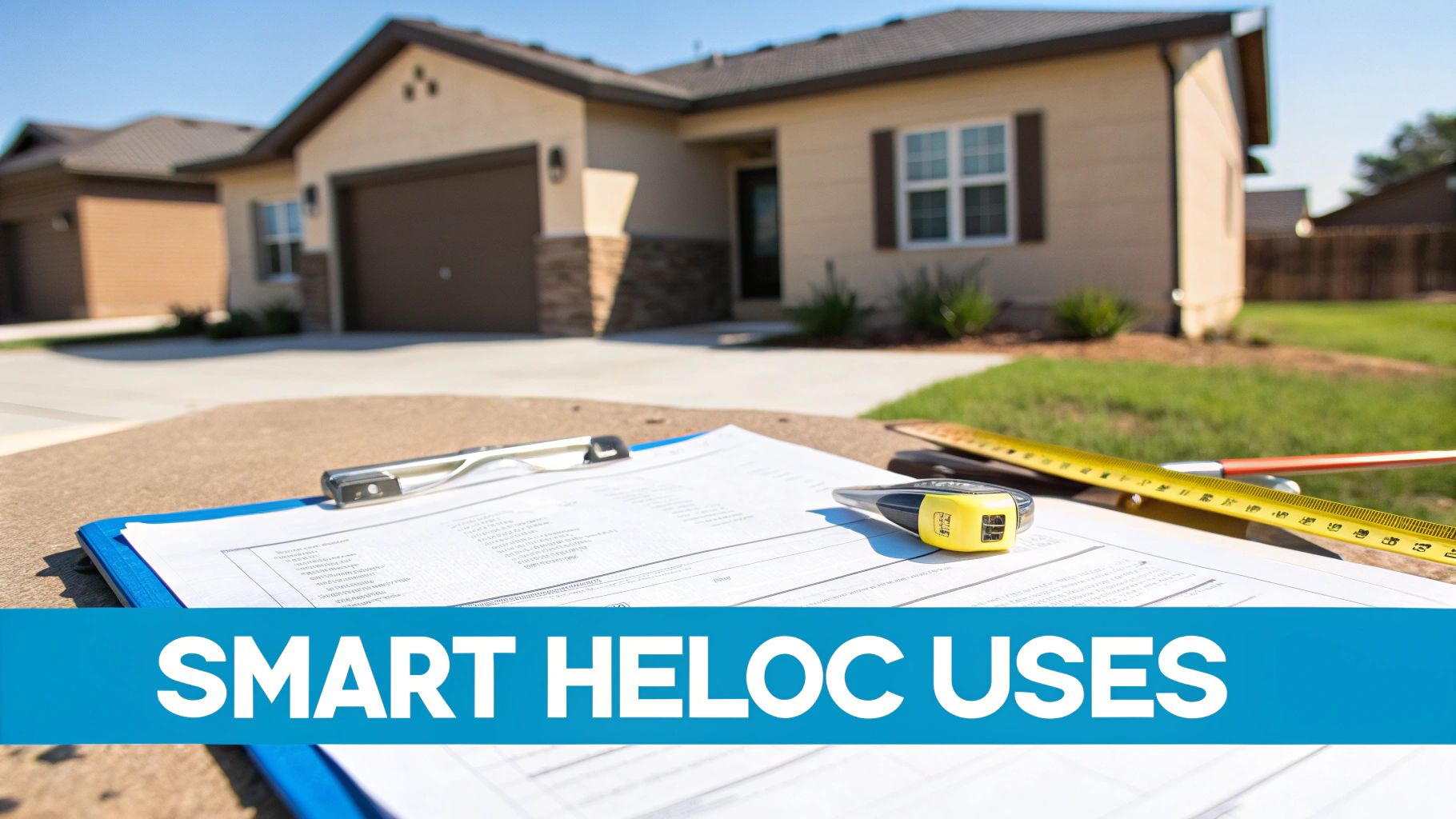 A modern house with financial documents promoting SMART HELOC USES.