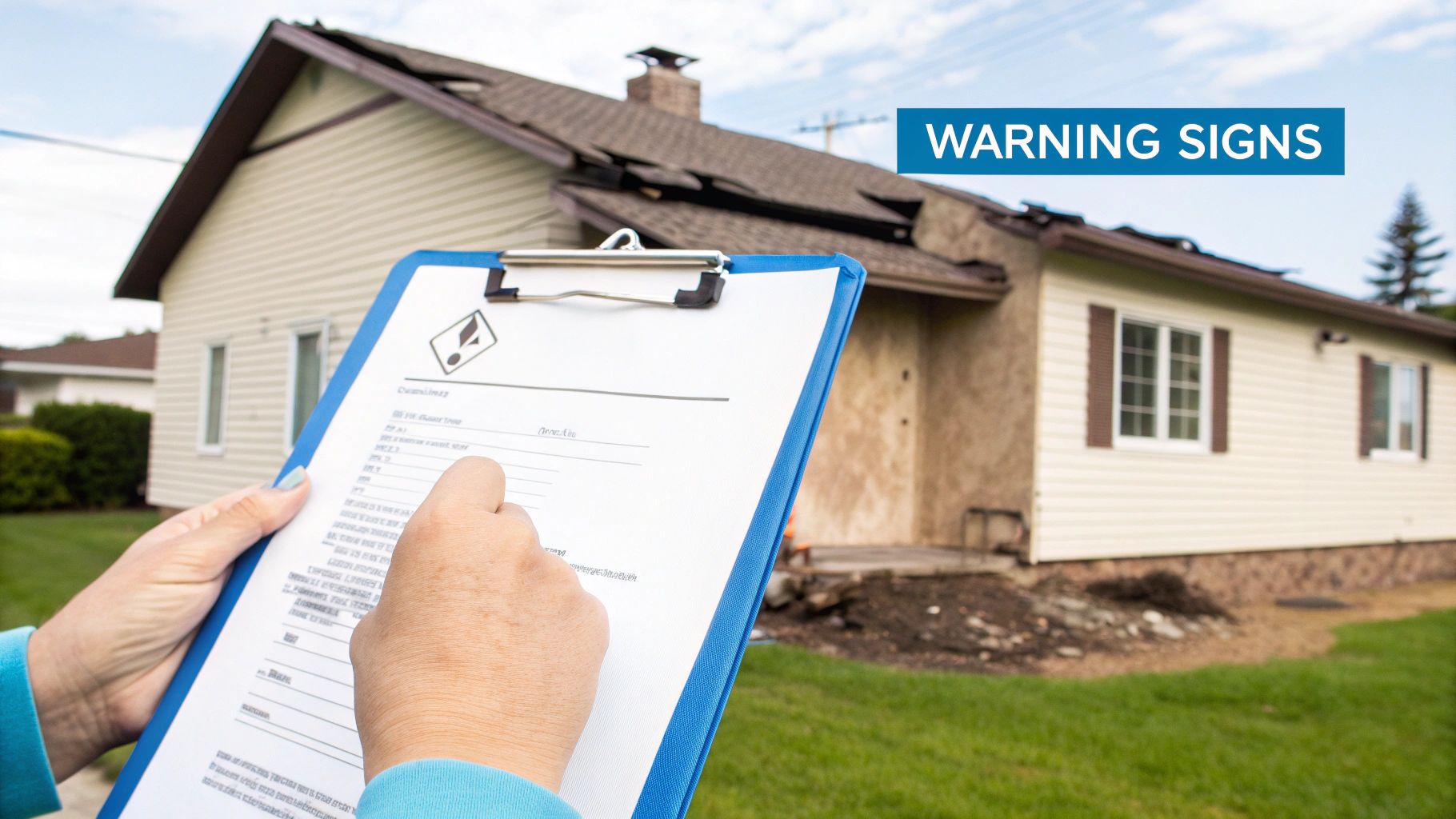 Hands hold a clipboard, inspecting a house with a damaged roof under a 'WARNING SIGNS' overlay.
