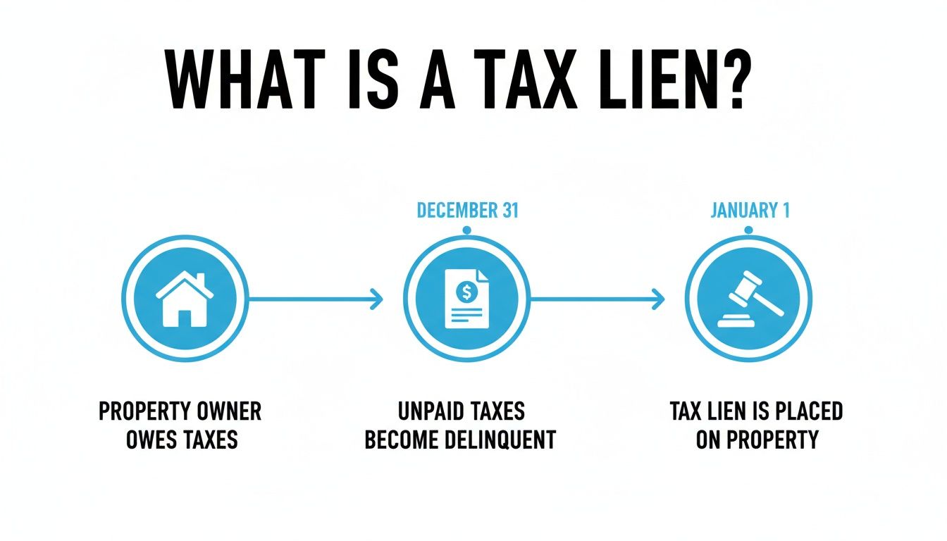 Flowchart showing the process of a tax lien from property owner owing taxes to placement.