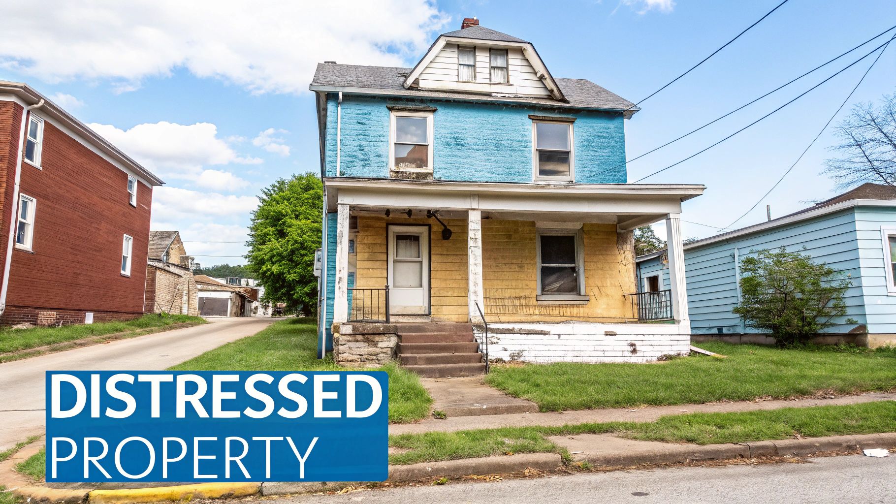 Exterior of a two-story blue and yellow dilapidated house with peeling paint and a front porch.