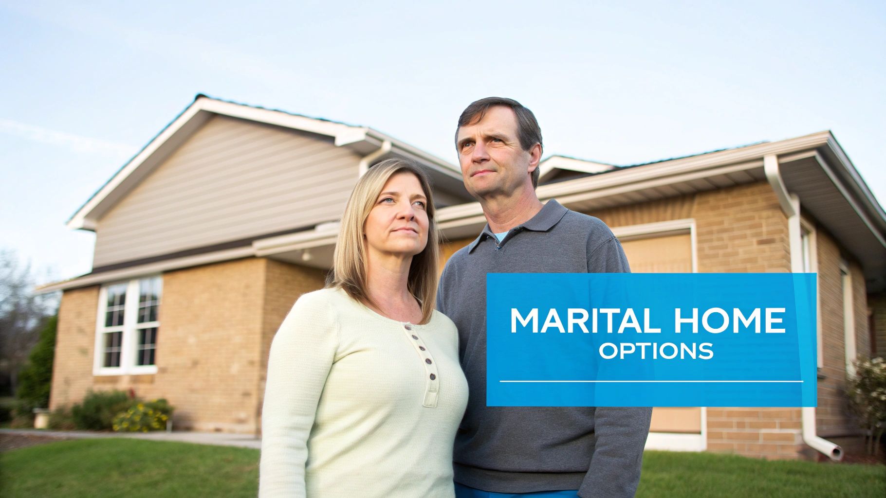 A couple stands in front of their house, considering marital home options for selling their house during a divorce.