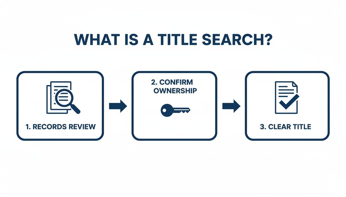 A three-step title search process in real estate: records review, confirm ownership, clear title.