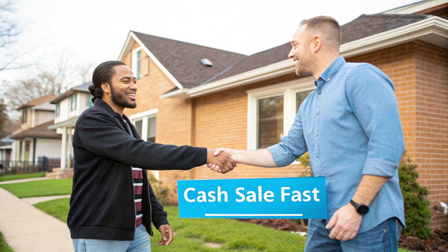 Two diverse men shaking hands and smiling in front of a house with a "Cash Sale Fast" sign.