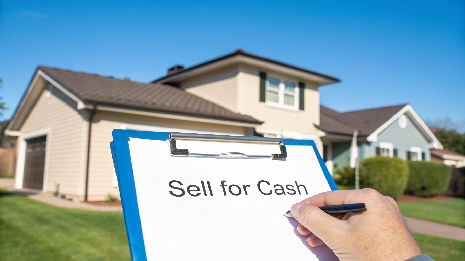Home with a clipboard noting sell for cash