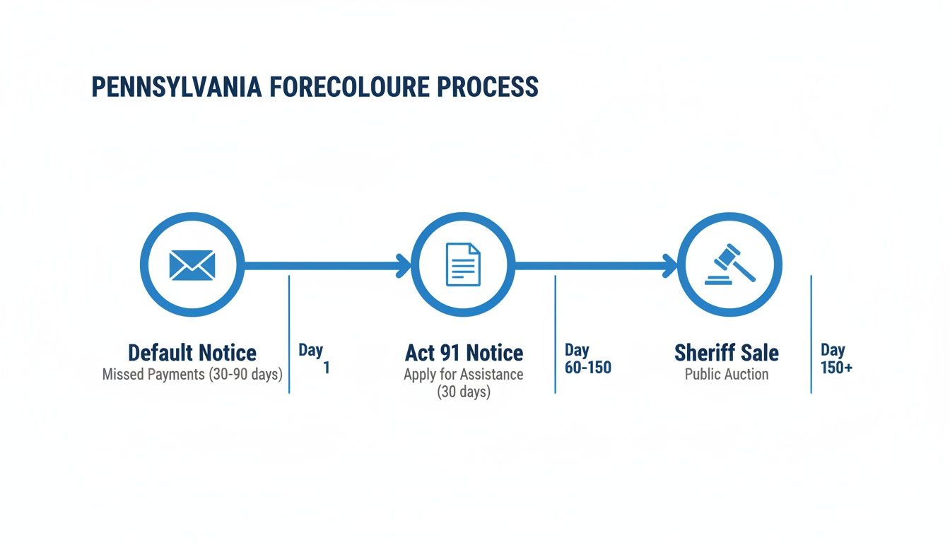 Flowchart showing the Pennsylvania foreclosure process, from default notice to sheriff sale, with timelines.