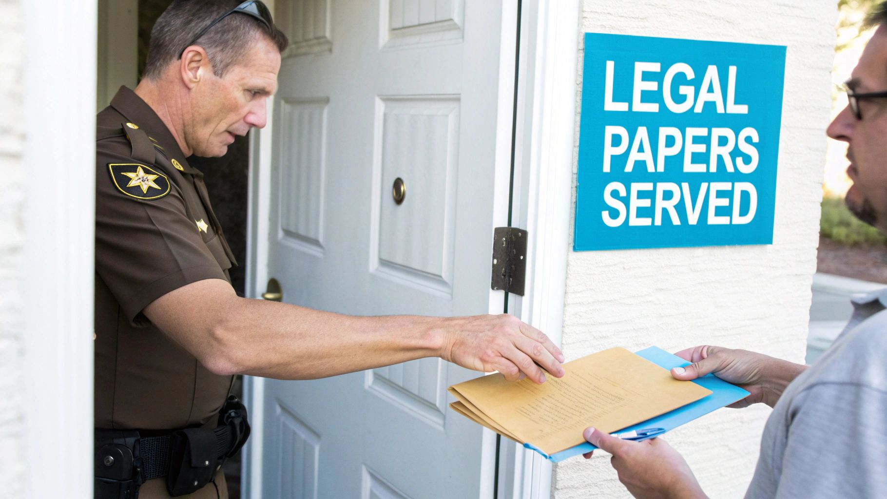 A public notice posted on the front door of a suburban home, signaling a pending sheriff sale.