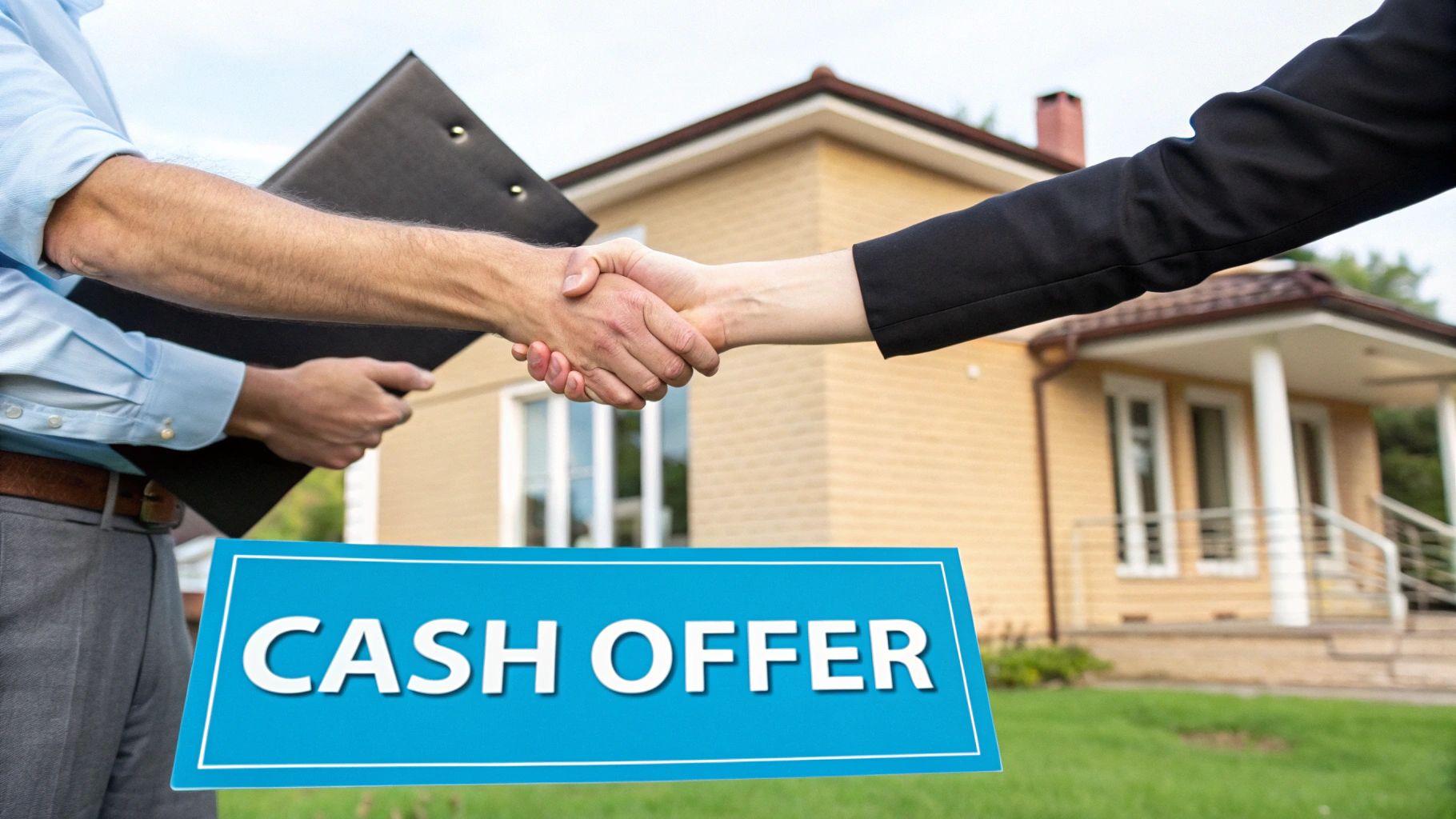 Two people shake hands in front of a house with a 'CASH OFFER' sign, symbolizing a real estate deal.