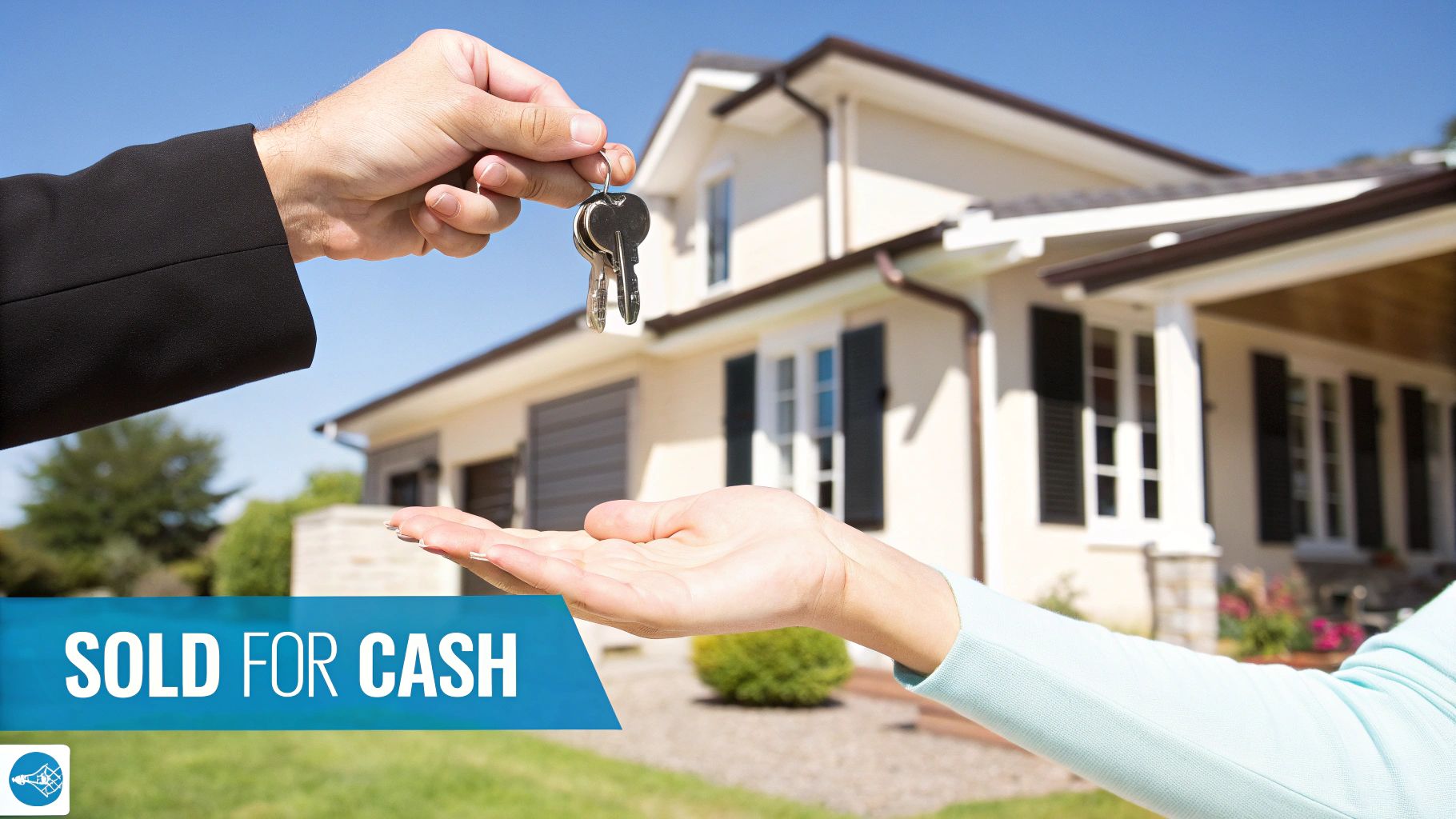 A person hands a set of house keys to another person in front of a home with a 'SOLD FOR CASH' banner.