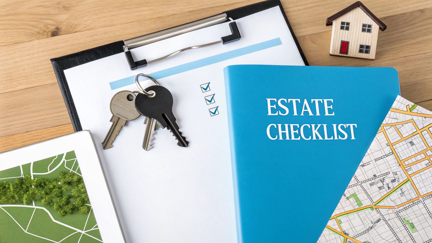 Real estate planning essentials: estate checklist, keys, and map on a wooden desk.